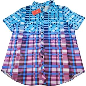 Flamingo Urban Gradient Plaid Button-Up Shirt Blue Purple XXL NWT